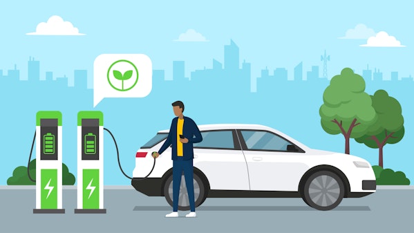 Mann lädt sein Auto an einer elektrischen Ladestation Illustration eines Mannes, der sein Elektroauto an einer grünen Ladestation auflädt – Nachhaltige Mobilität in einer modernen Stadtumgebung.