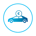 Symbol für den Fahrzeugverkauf – Blaues Icon eines Autos mit einem Euro-Symbol darüber, dargestellt in einem Kreis.