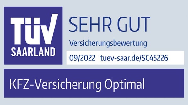 TÜV Saarland Prüfzeichen mit der Bewertung 'SEHR GUT' für die KFZ-Versicherung Optimal, ausgestellt im September 2022 mit Referenzlink tuev-saar.de/SC45226.