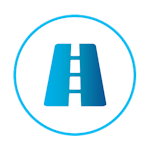Blaues Icon einer Straße mit Mittelstreifen, dargestellt in einem Kreis – Symbol für Fahrtenbuch oder Routenaufzeichnung.