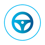 Blaues Icon eines Lenkrads, dargestellt in einem Kreis – Symbol für Fahrzeugverwaltung oder 'Mein VW' in einer App.