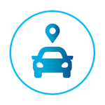 Blaues Icon eines Autos mit einem Standort-Pin darüber, dargestellt in einem Kreis – Symbol für Parkplatzsuche oder Fahrzeugstandort.