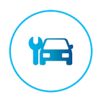 Blaues Icon eines Autos mit einem Schraubenschlüssel, dargestellt in einem Kreis – Symbol für Servicepartner oder Werkstattdienstleistungen.