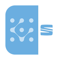 Blaues Icon mit vernetzten Punkten und SEAT-Logo – Symbol für die SEAT Connect App zur Fahrzeugvernetzung und digitalen Services.