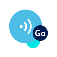 Logo der We Connect Go App von Volkswagen mit blauen Kreisen, Funksignal-Symbol und dem Schriftzug 'Go' – App zur Fahrzeugvernetzung und digitalen Services.